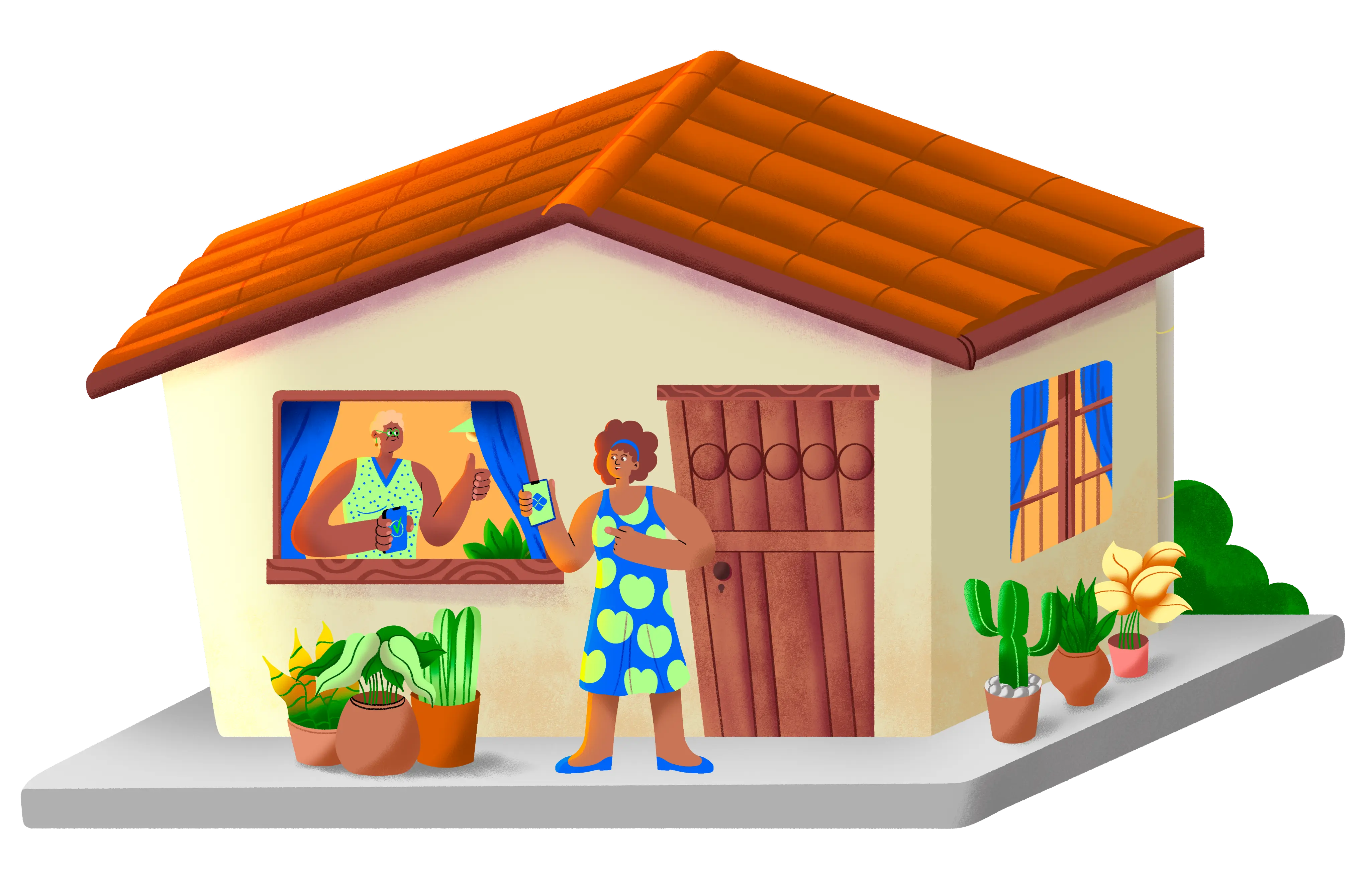 Uma casa de fundo com uma senhora na janela e uma moça de cabelo cacheado do lado de fora da casa. Ambas estão com o celular na mão.