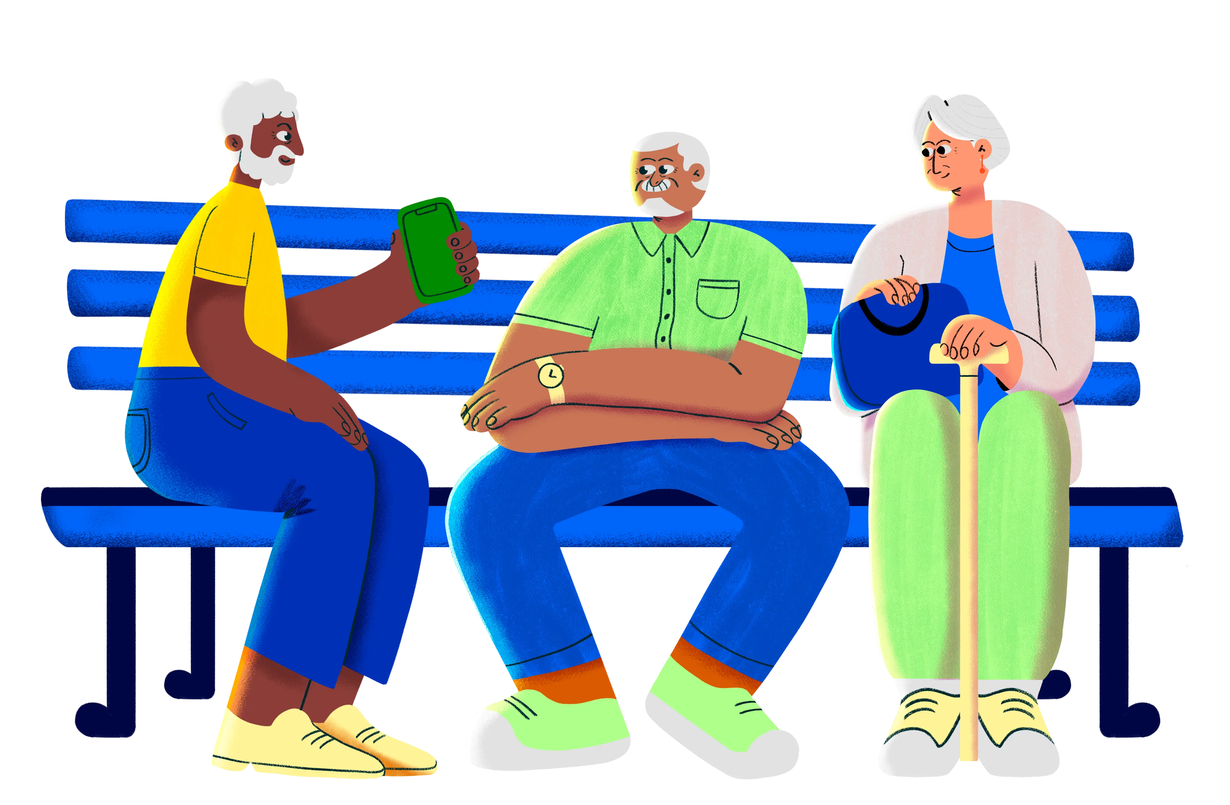 Três idosos em um banco de praça conversando.