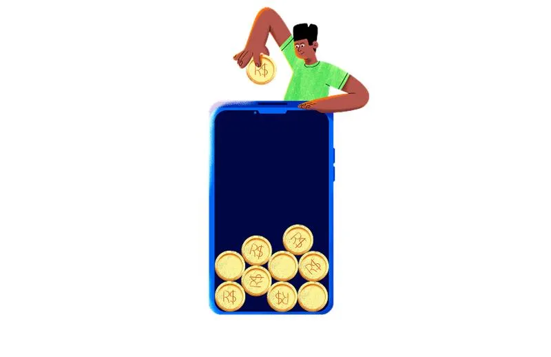 Menino de blusa verde colocando moedas dentro de um smartphone