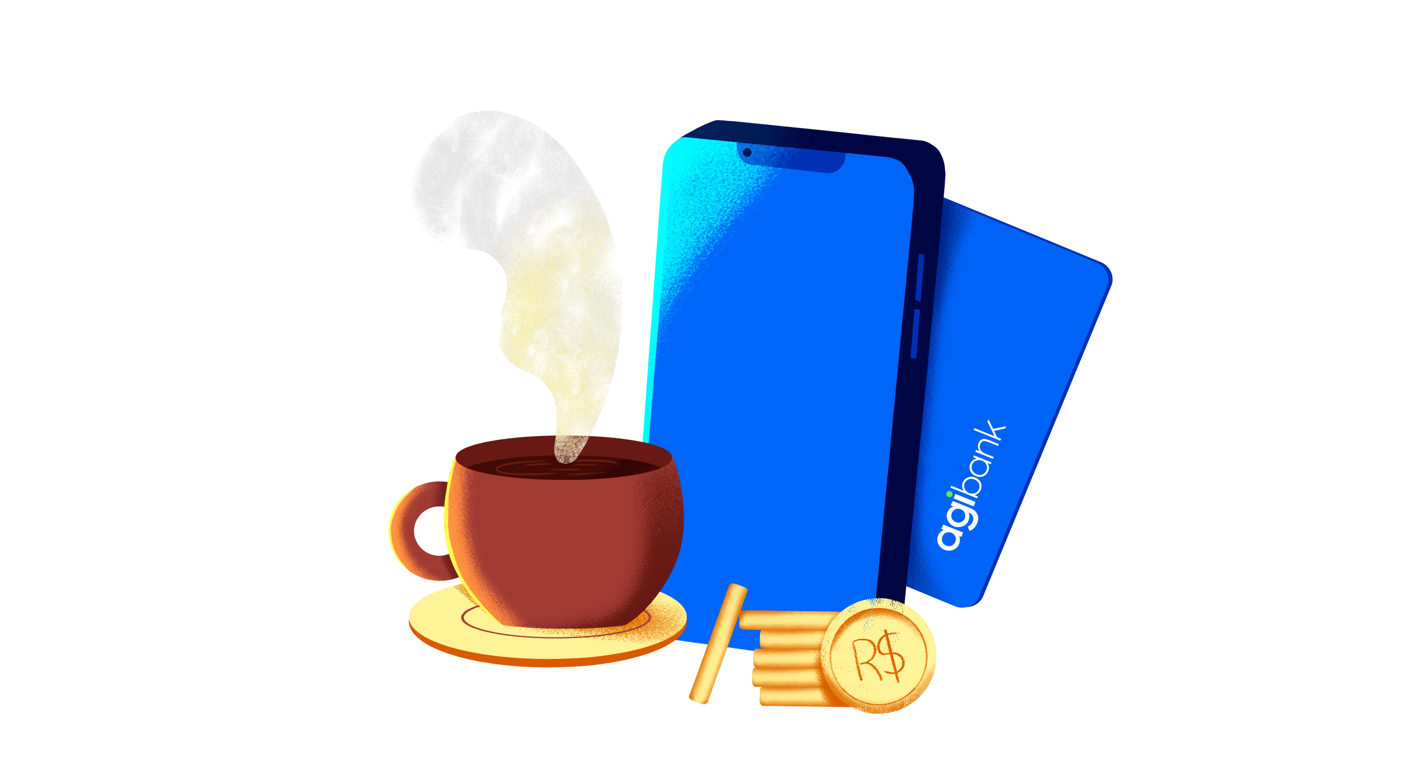 xícara de café, celular, dinheiro e cartão agibank
