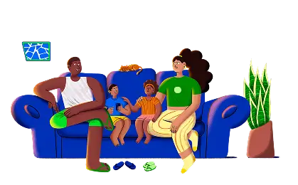 Ilustração de uma família sentada em um sofá azul com um gato no encosto e uma planta ao lado.