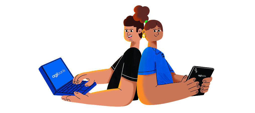 Ilustração de duas pessoas sentadas de costas uma para a outra, usando dispositivos com a marca Agibank - uma com notebook e outra com tablet.