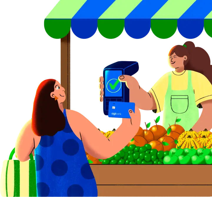 Mulher fazendo um pagamento por aproximação utilizando o cartão do Agibank junto de uma feirante em sua barraca.