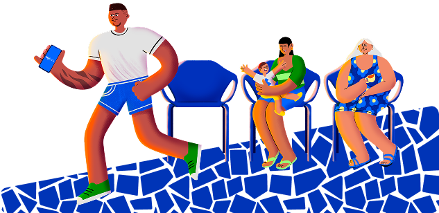 Ilustração de três pessoas aguardando atendimento no Agibank, com um homem caminhando à frente e duas mulheres sentadas, uma com criança no colo.